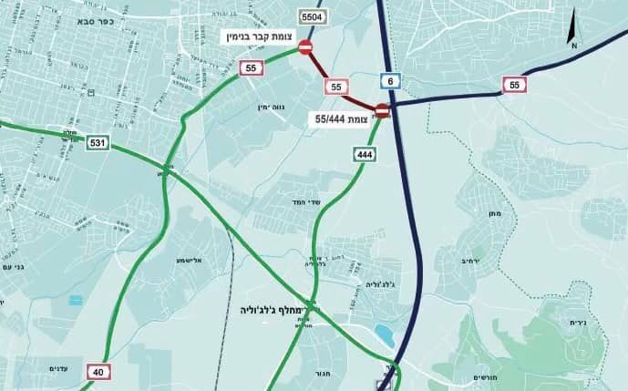 מפה גרפית של כביש 55 באזור צומת קבר בינמין צומת 444