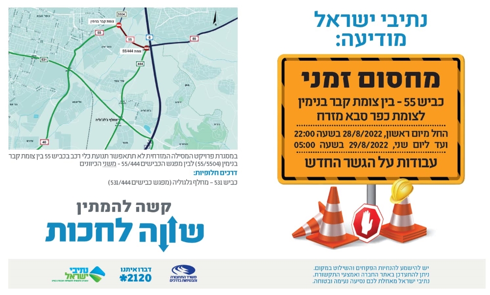 מודעה גרפית נתיבי ישראל מודיעה על מחסום זמני בכביש 55