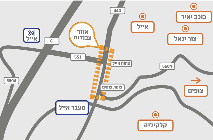מפת אזור העבודות בכביש  444 בין צומת נוה ימין לצומת אייל 