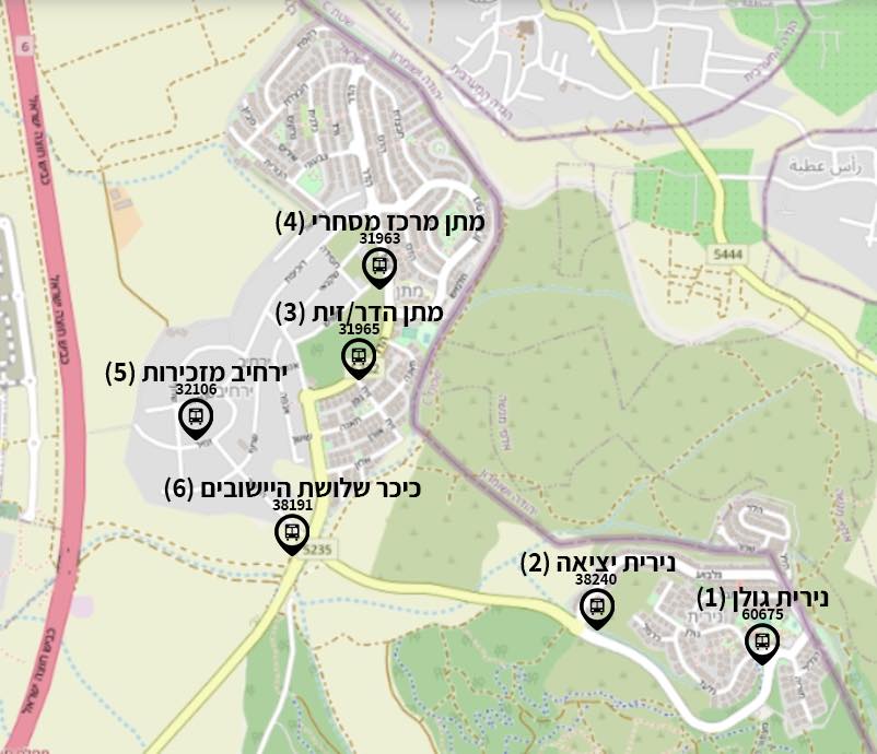 מפת השאטל הנוסע מיישובי גוש חורשים לרכבת ראש העין צפון