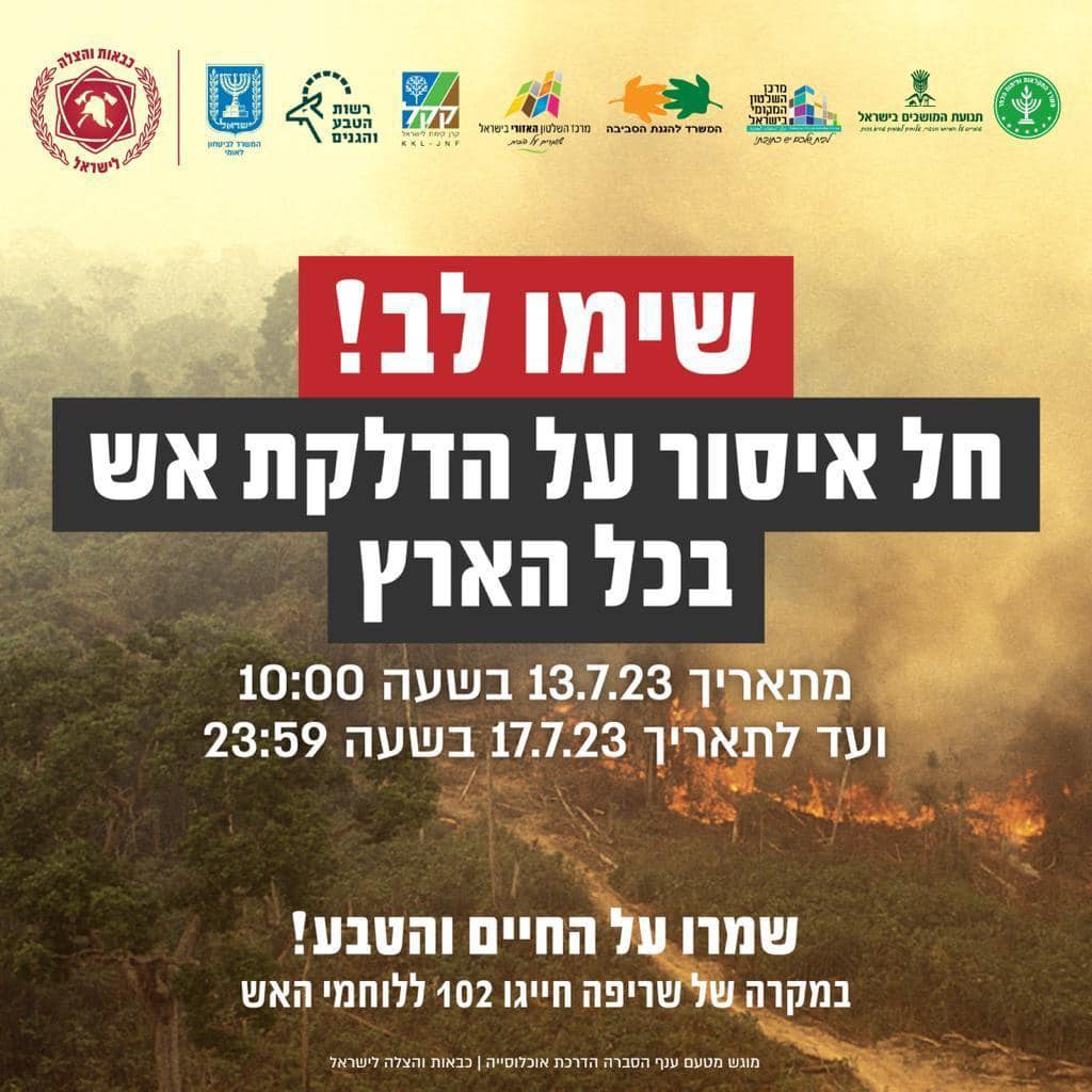 מודעה גרפית על איסור הדלקת אש בסוף השבוע הקרוב