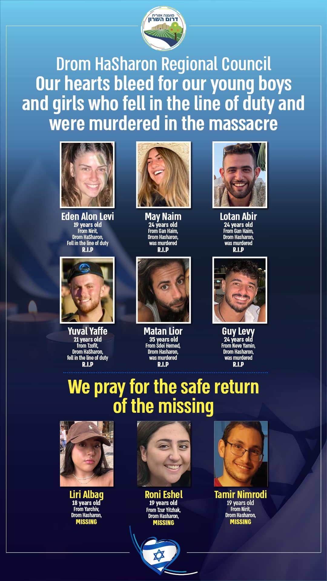 מודעה גרפית עם תמונות של הנופלים והנעדרים תושבי מועצת דרום השרון
